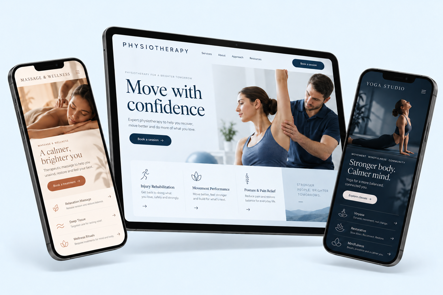 Original fictional physiotherapy, massage and yoga website concepts displayed on a tablet and two phones